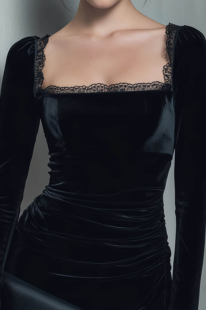 Exquisite Velvet Lace-trimmed Square Neck Slim-fit Mini Dress