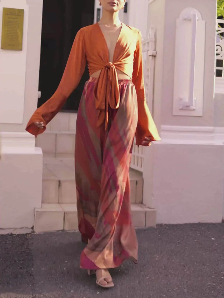 Casual Bell-Sleeve Wrap-Up Tie-Down Top