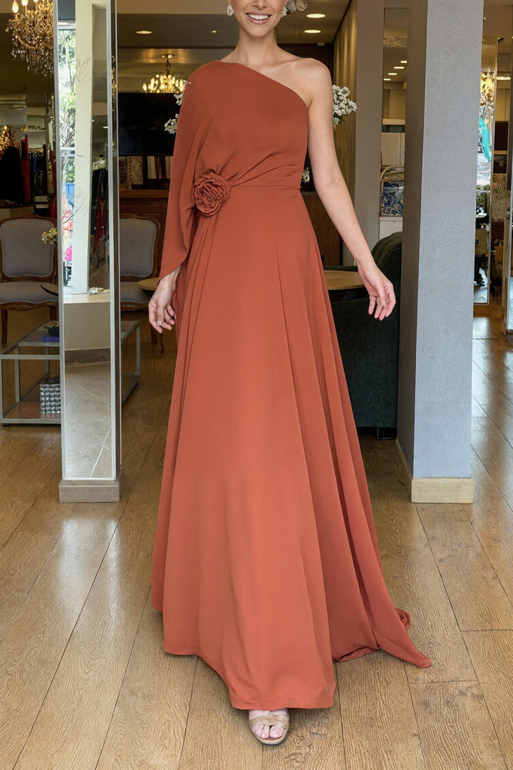 Elegant One-Shoulder Chiffon Flowy Party Maxi Dress