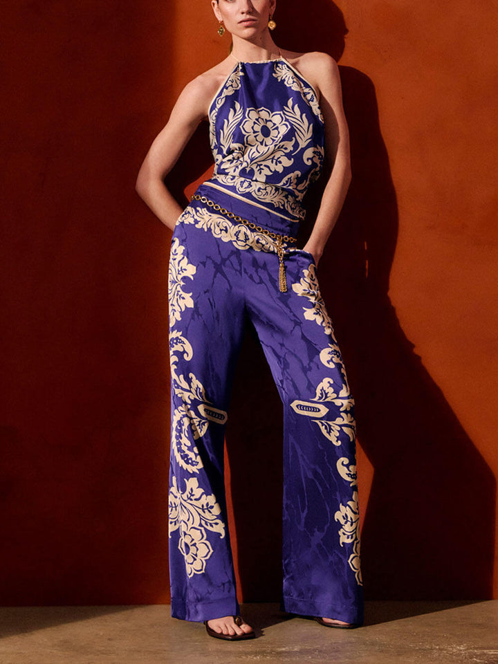 Vintage Satin Unique Ethnic Print Printed Mid-Rise Straight Pants