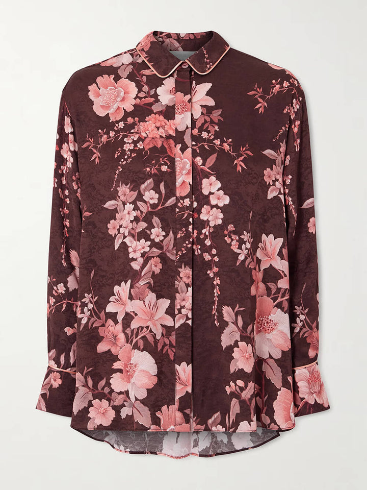 Exquisite Floral Print Satin Button-Up Shirt