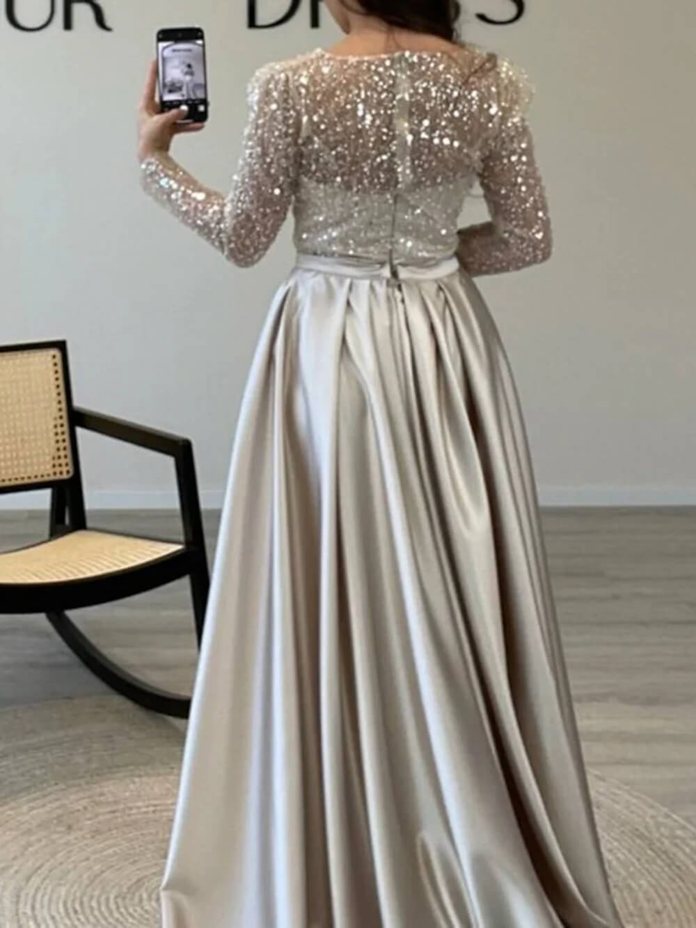Exquisite Silver Sparkling Rhinestone Sheer Tulle Sleeve Party Maxi Dress