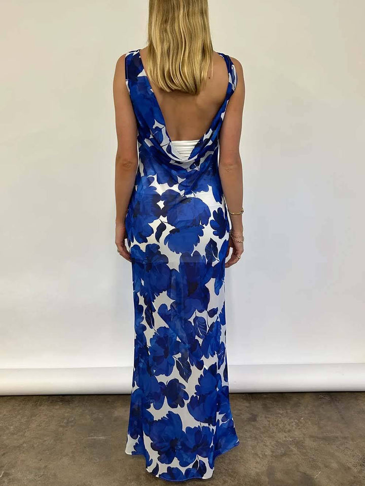 Elegant Floral Print Tie-Back Draped Open-Back Maxi Dress