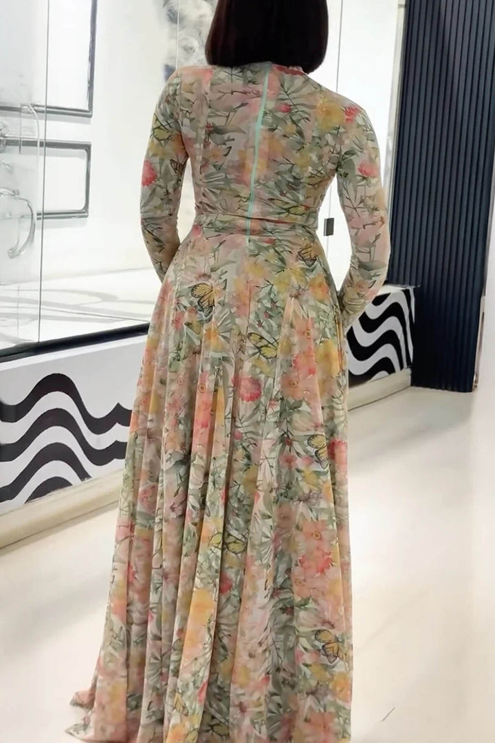Elegant Floral Butterfly Print Maxi Dress