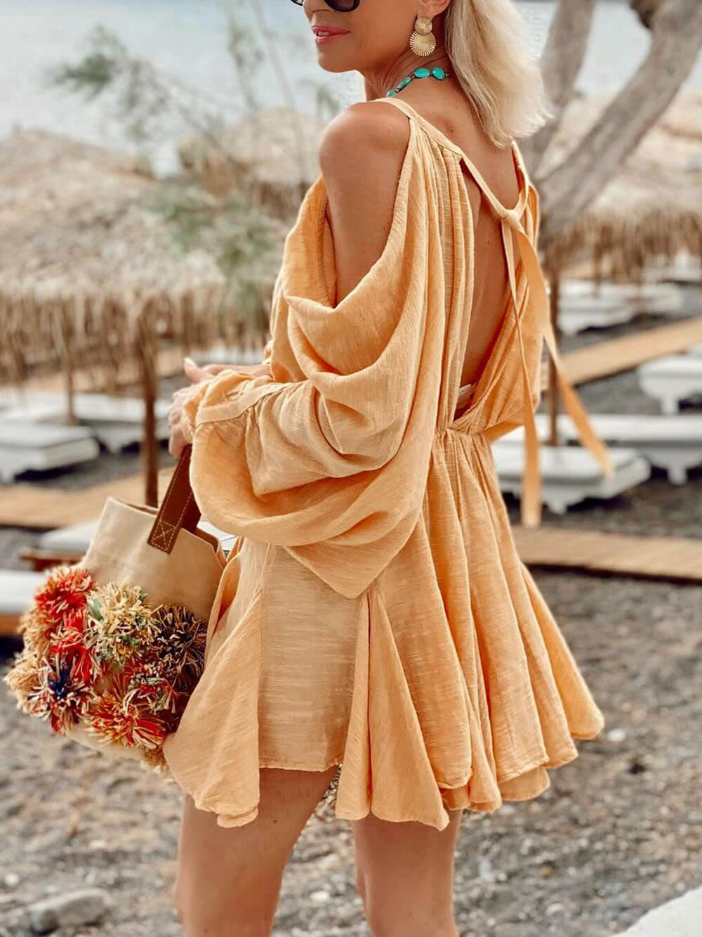 Fashionable Cold Shoulder Ruched Balloon Sleeve Pleated Hem Loose Mini Dress