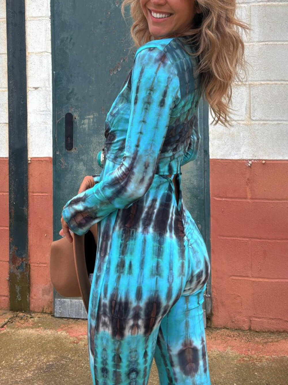 Casual Exclusive Style Tie-dye Print Backless Tie-up Stretch Flared Jumpsuit