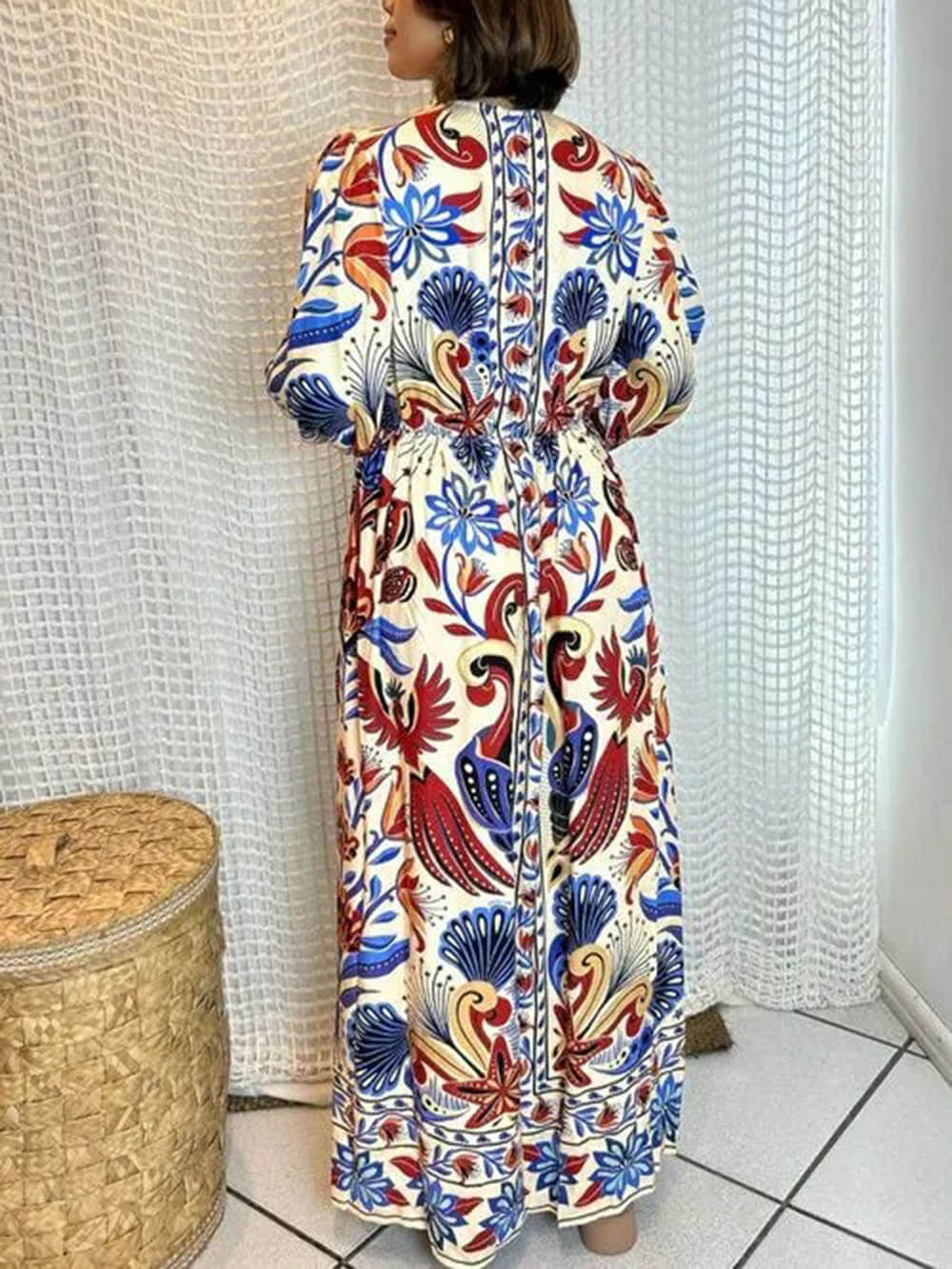 Classic Unique Floral Print Lace-Up Loose Maxi Dress