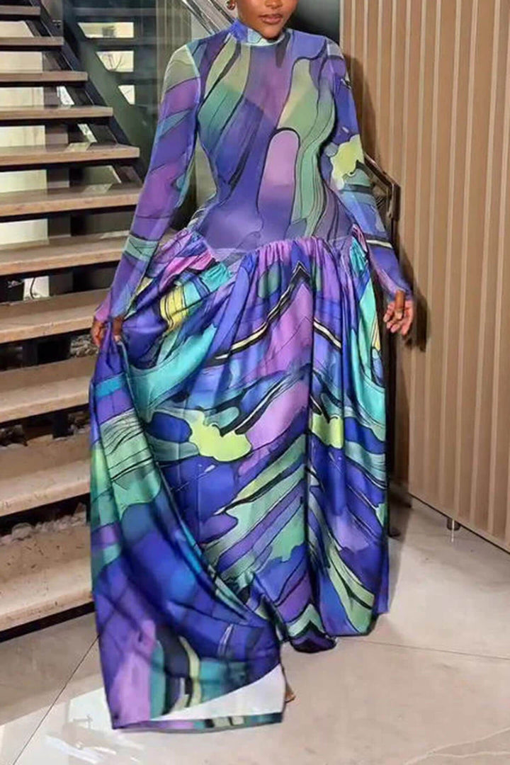 Unique Artistic Print Ruched Maxi Dress