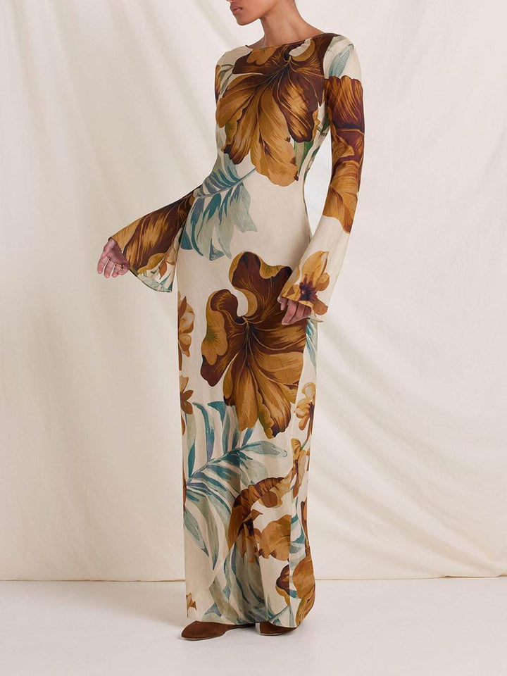 Simple Unique Plant Pattern Print Back Hollow Out Maxi Dress