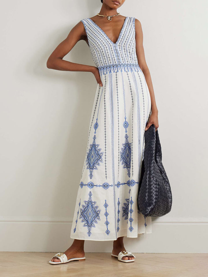 Retro Ethnic Print Linen-Blend Open-Back Maxi Dress