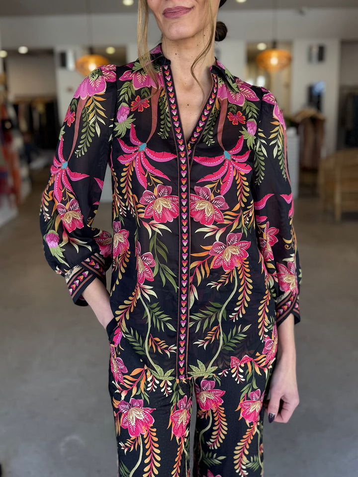 Unique Tropical Botanical Floral Print Puff Sleeve Loose Shirt