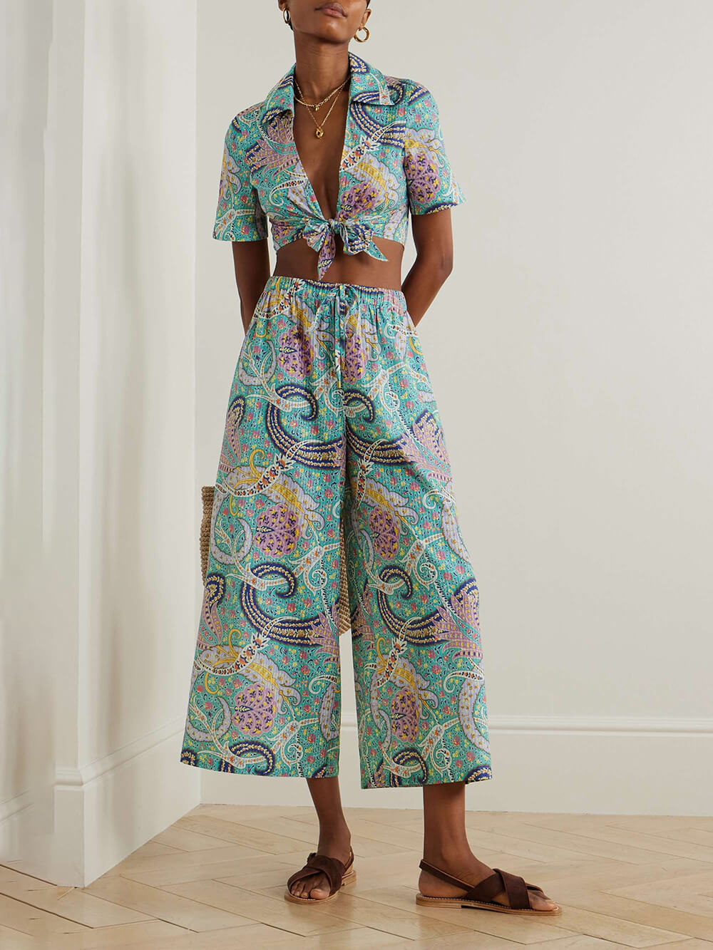 Unique Ethnic Print Knotted Short Shirt