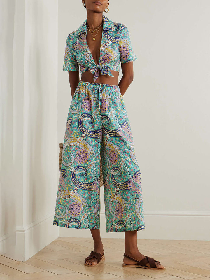 Unique Ethnic Print Knotted Short Shirt