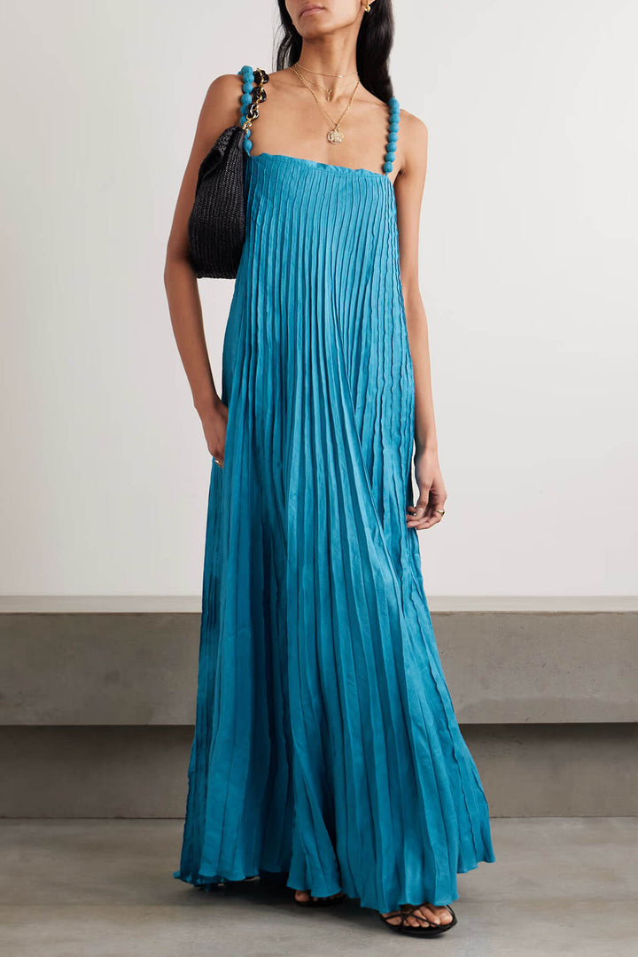 Elegant Beaded Pleated Linen Maxi Dress
