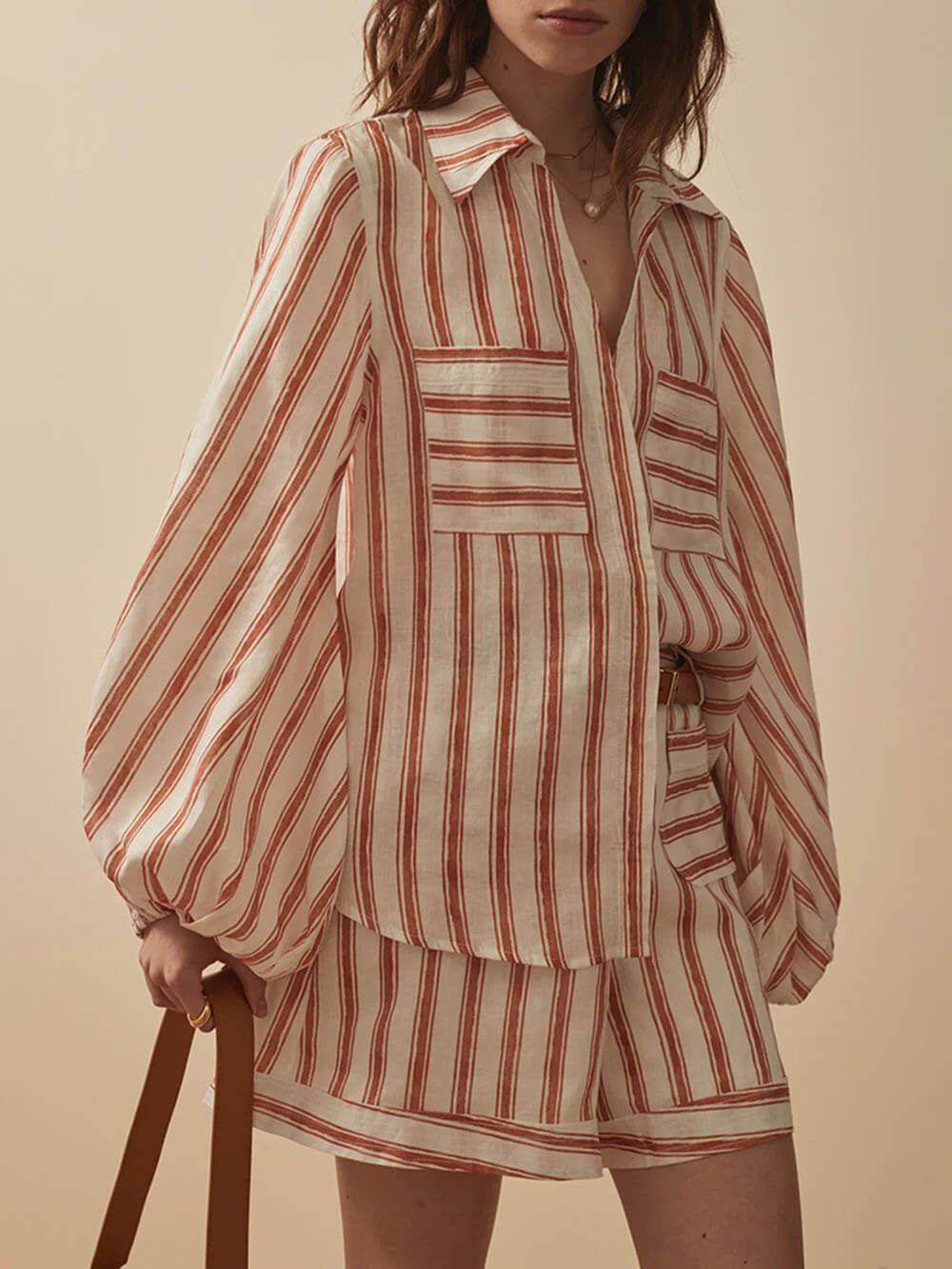 Classic Casual Striped Print Loose Shirt And Shorts Set