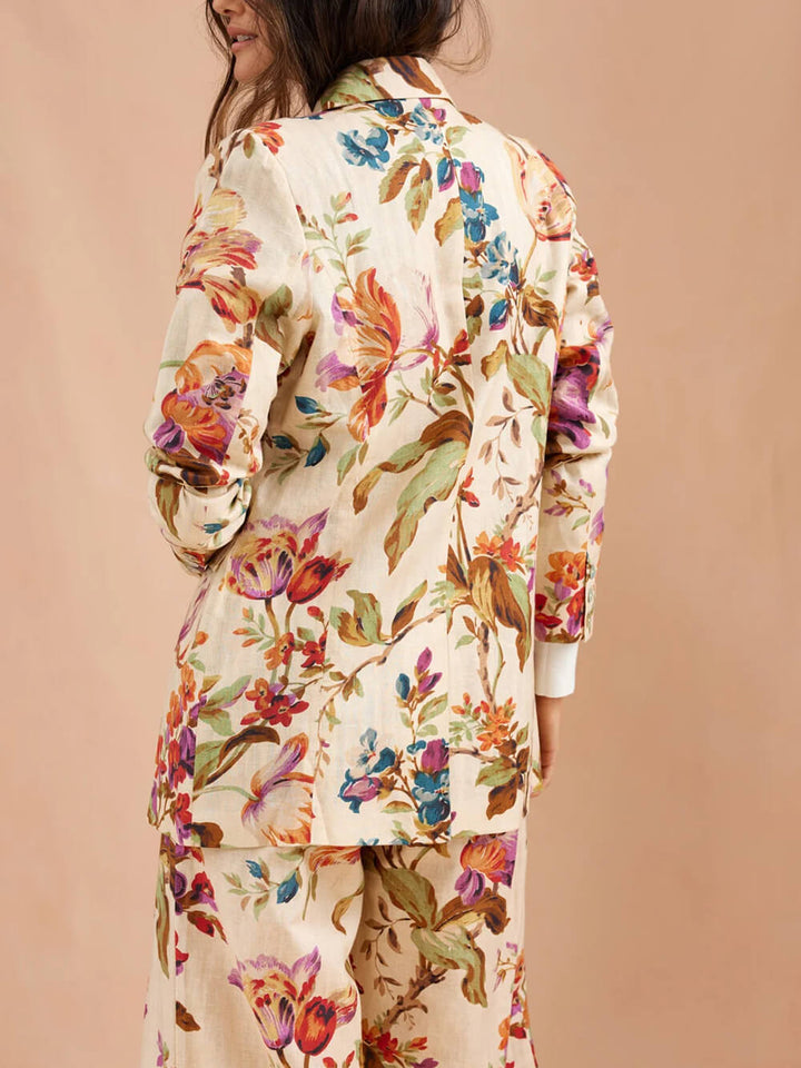 Exquisite Retro Floral Print Lapel Blazer Loose Pocket Wide-Leg Pants Set