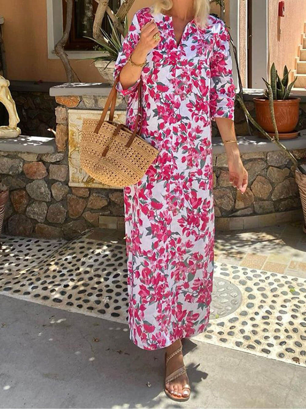 Fashion V-Neck Bohemian Print Maxi Dress