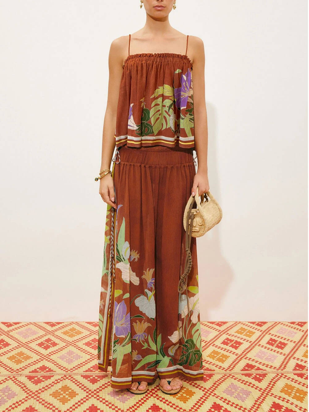 Delicate Ruffle Printed Drawstring Slit Wide-Leg Pants