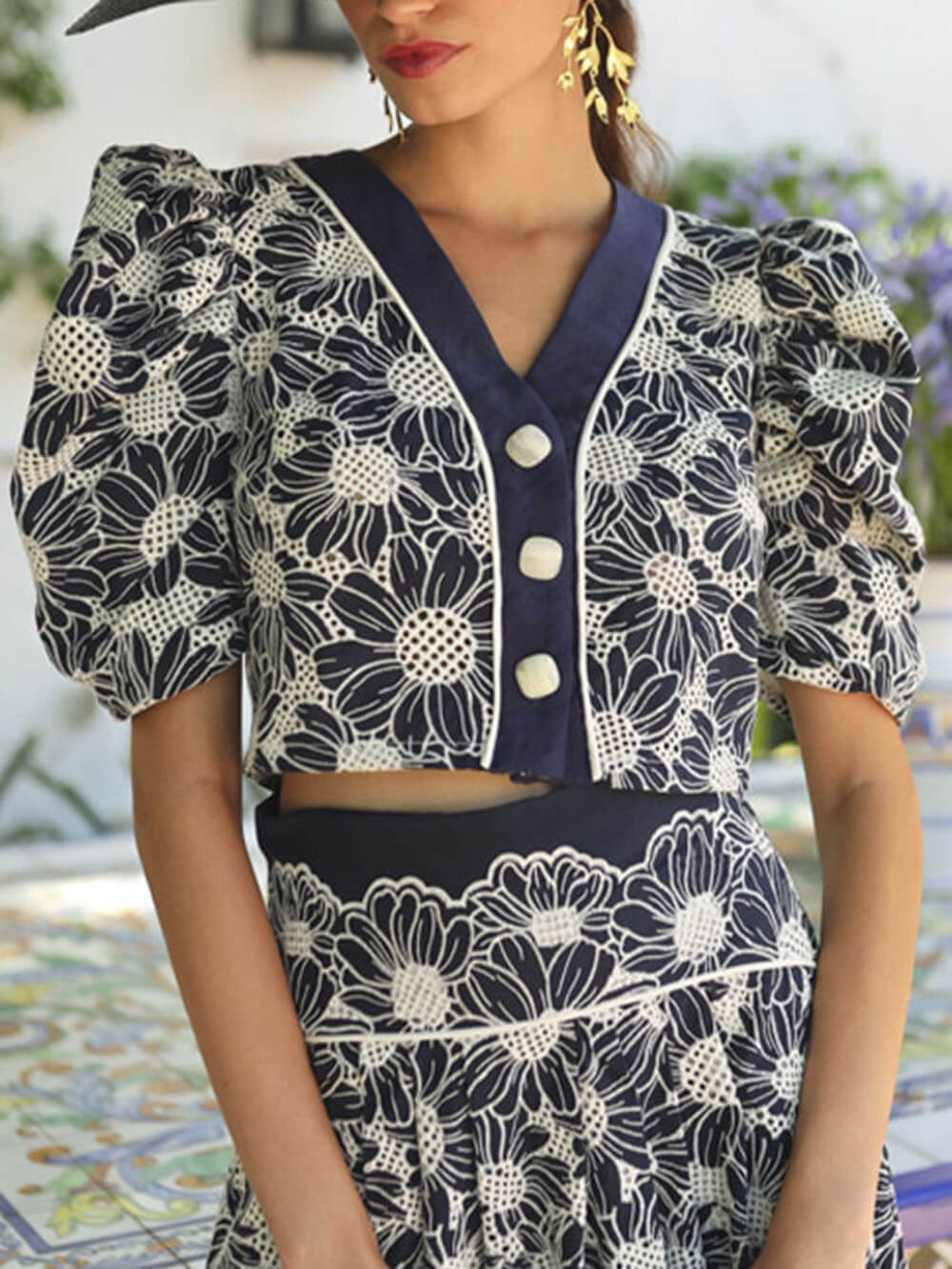 Retro Floral Print High-Waisted Pocket A-line Midi Skirt