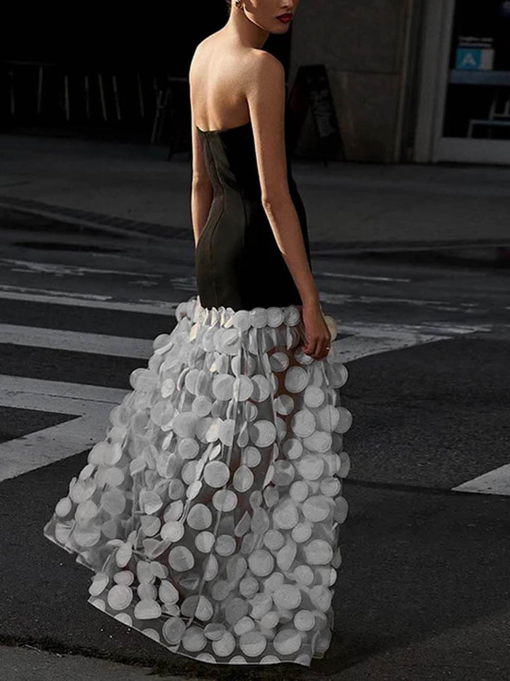 Elegant Black And White Tube Top Three-Dimensional Flower Pettiskirt Dinner Dress