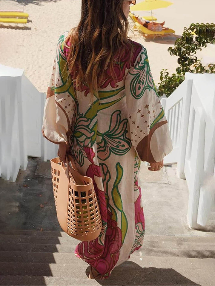 Elegant Linen Blend Unique Print Balloon Sleeve Tie-up Tunic Maxi Dress