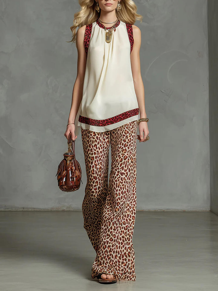 Fashion Leopard Print Elastic Waist Wide-Leg Pants
