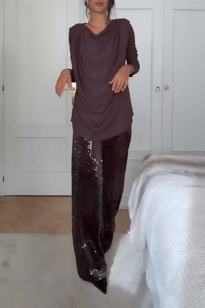 Unique Ruched Drop-Shoulder Long Sleeve Top