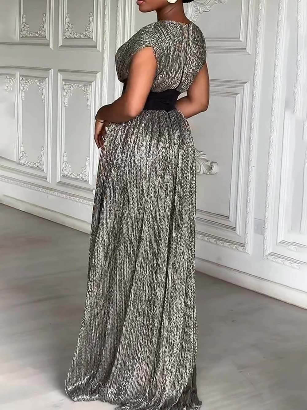 Elegant Shimmery Silver Contrast Waist Maxi Dress
