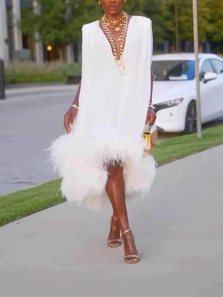 Elegant White Feather Patchwork Sleeveless Irregular Hem Midi Dress