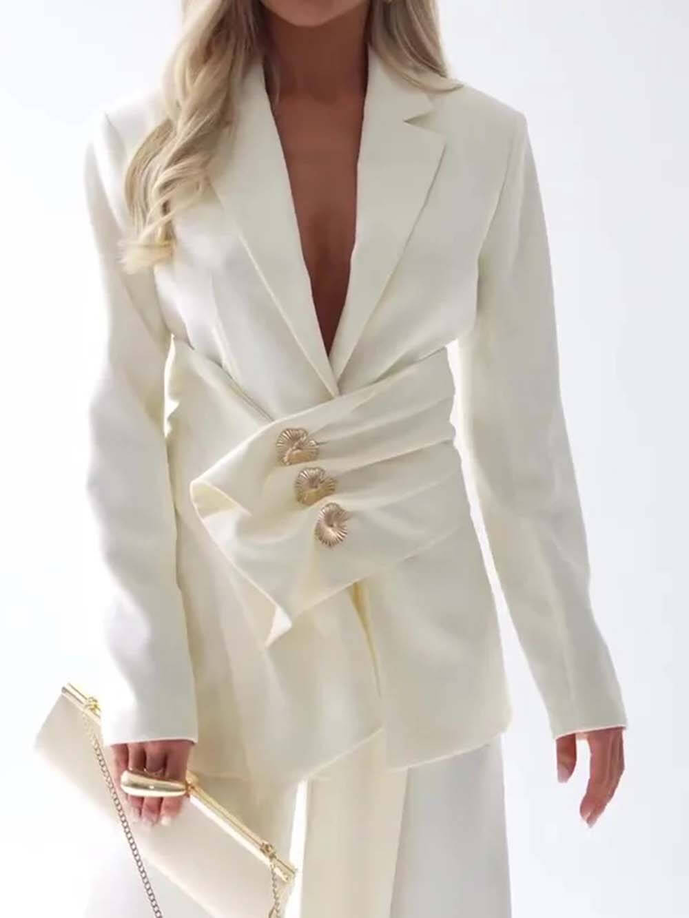 Unique Casual Pocket Blazer Wide-Leg Pants