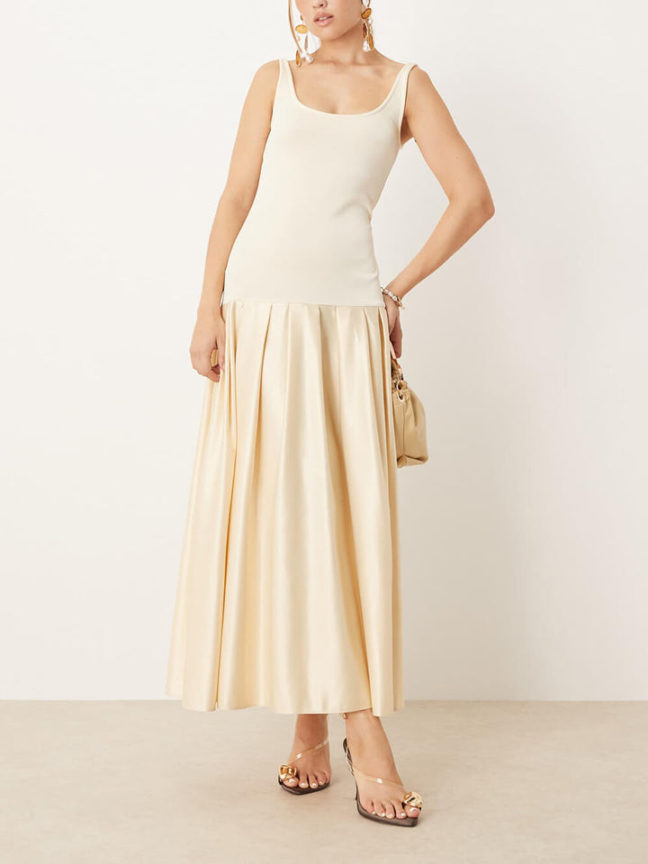 Classic Round-Neck Satin Patchwork Maxi Dress