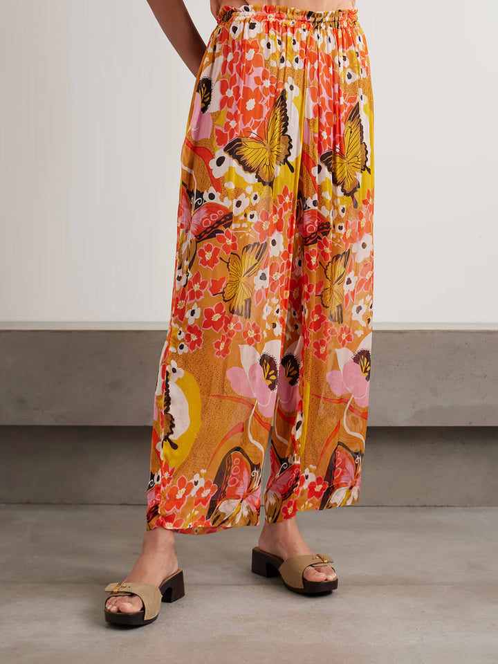 Unique Floral Print Elastic Waist Straight-Leg Pants