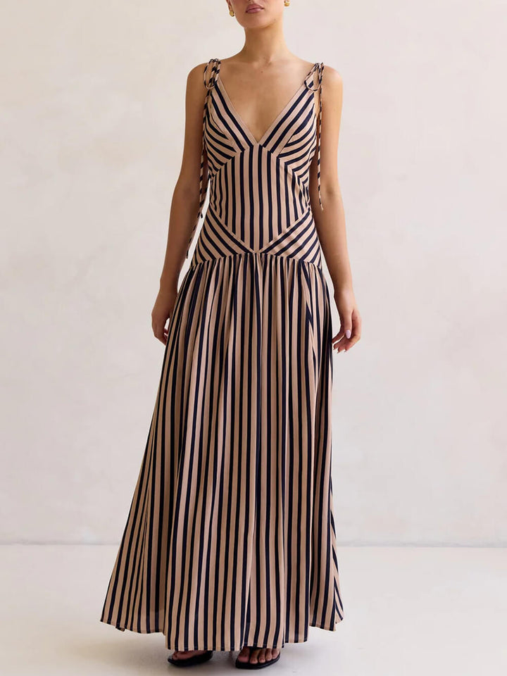 Exquisite Striped Print V-Neck  Adjustable Straps Maxi Dress