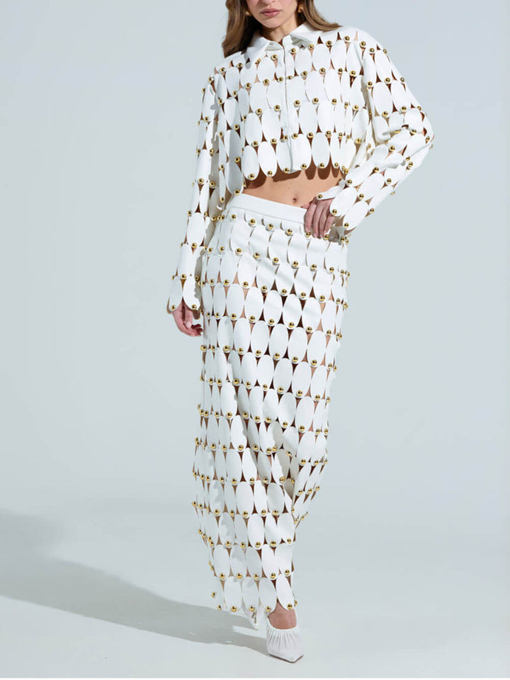 Exquisite Cut-Out Studded PU Maxi Skirt
