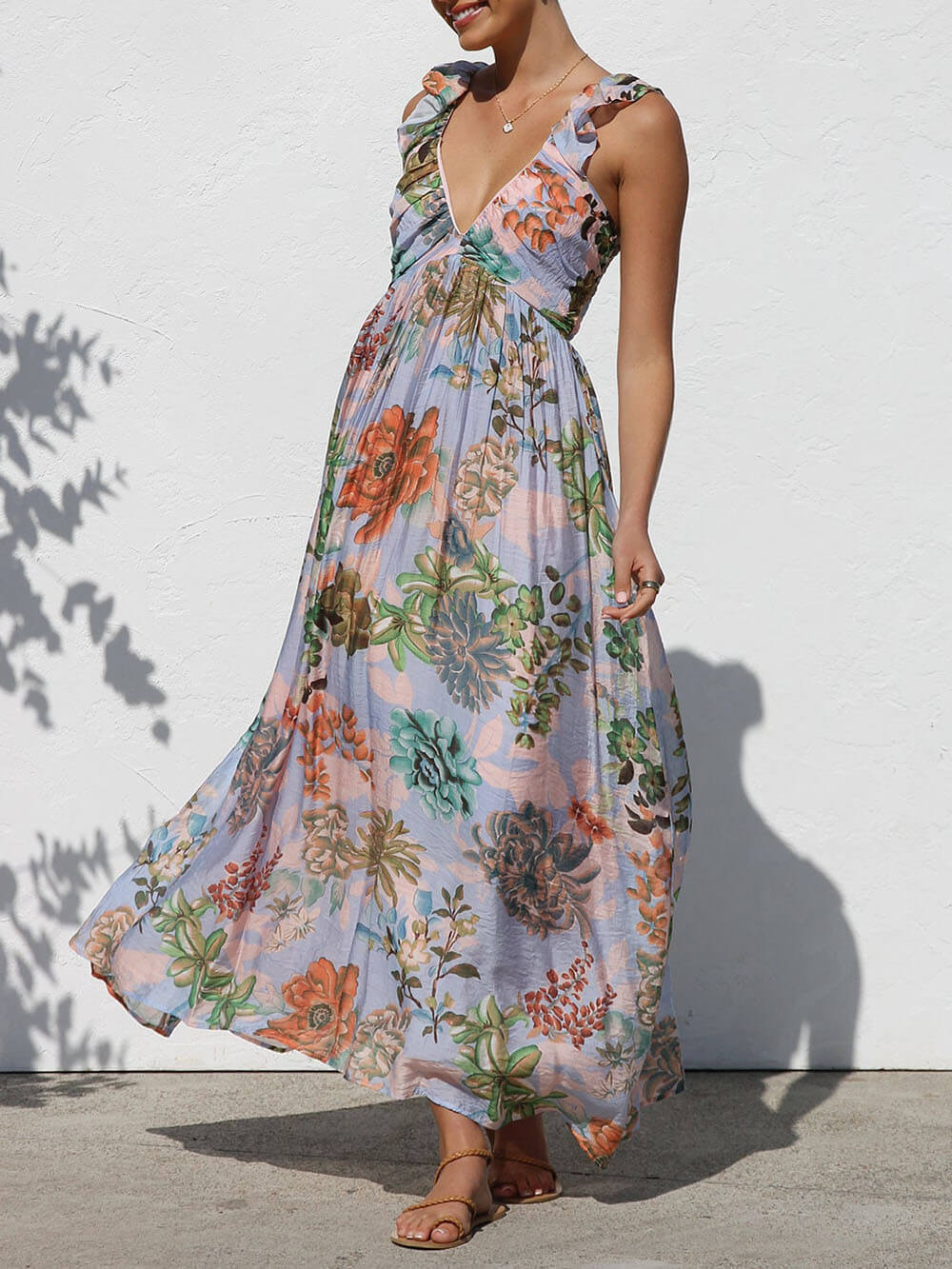 Beautifully Pleated Unique Floral Print Ruffle Sleeve Maxi Dress