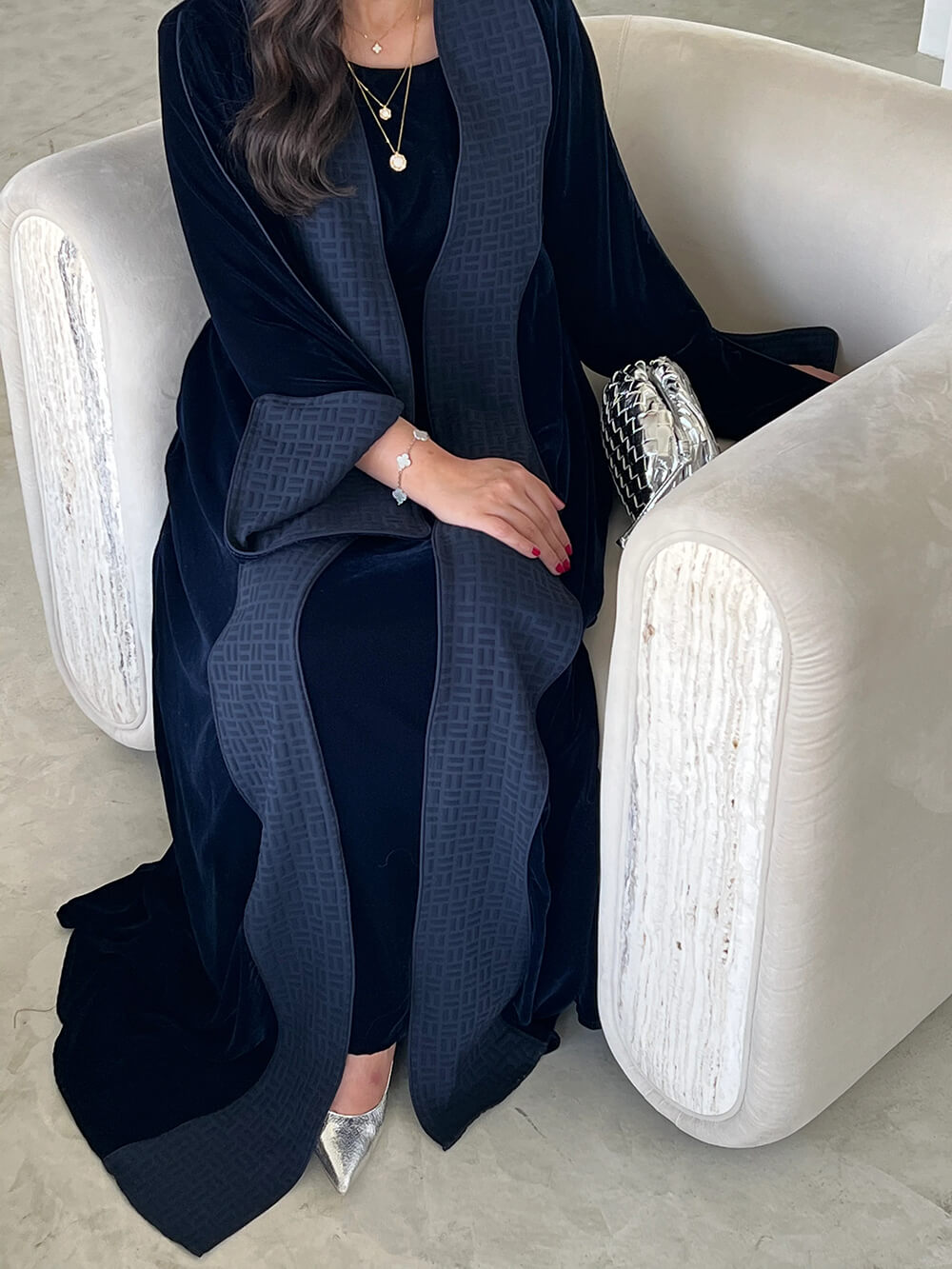 Elegant Navy Blue Printed Velvet Robe Cardigan