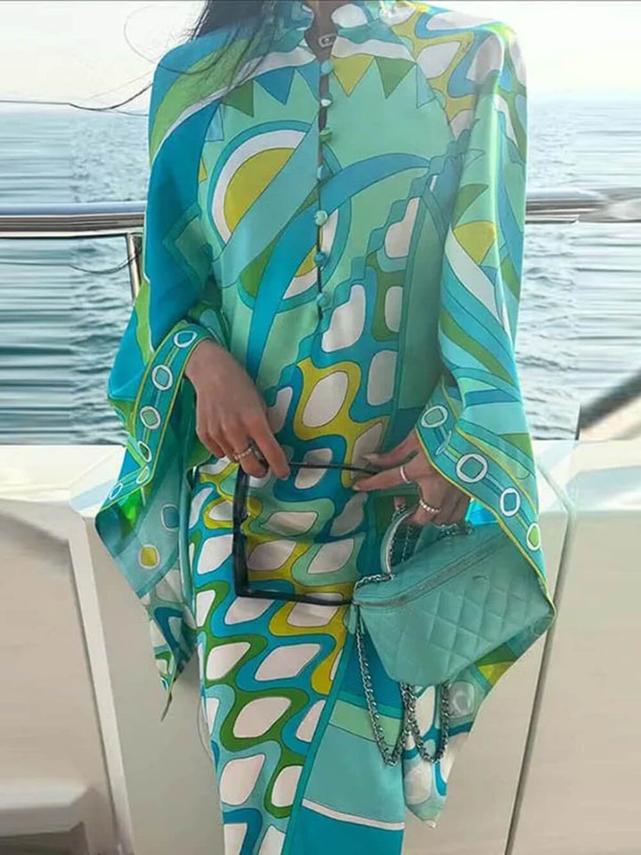 Elegant Button-Up Stand Collar Printed Loose Flared Asymmetrical Midi Dress