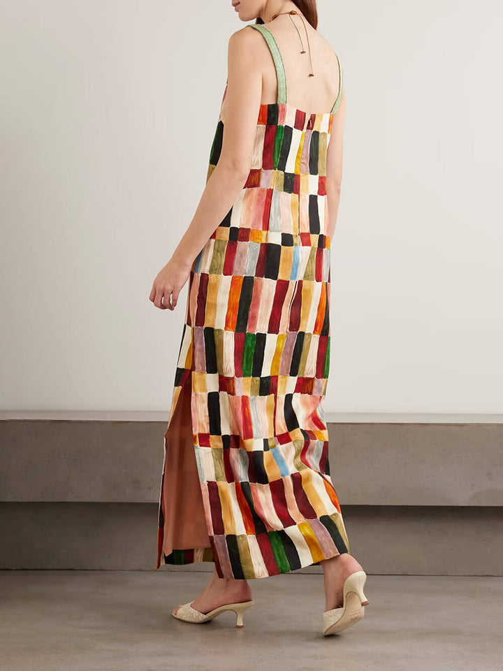 Unique Geometric Print Linen Backless Midi Dress