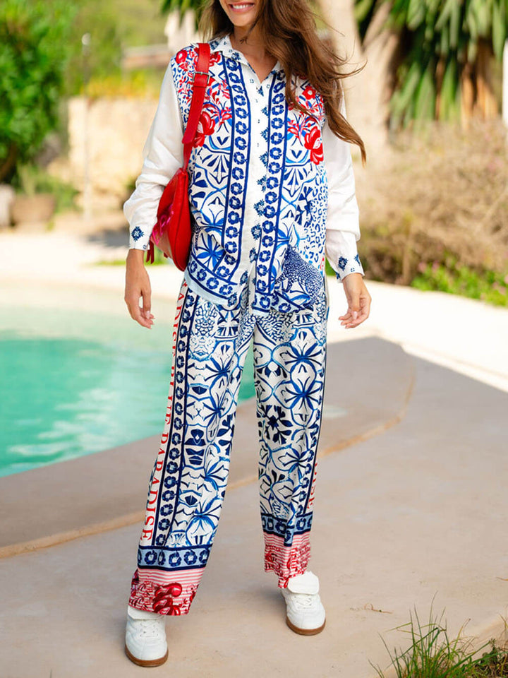 Unique Ethnic Patchwork Print Loose Pocket Wide-Leg Pants
