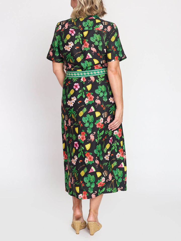 Modern Fruity Floral Unique Print Loose Tie Midi Shirtdress