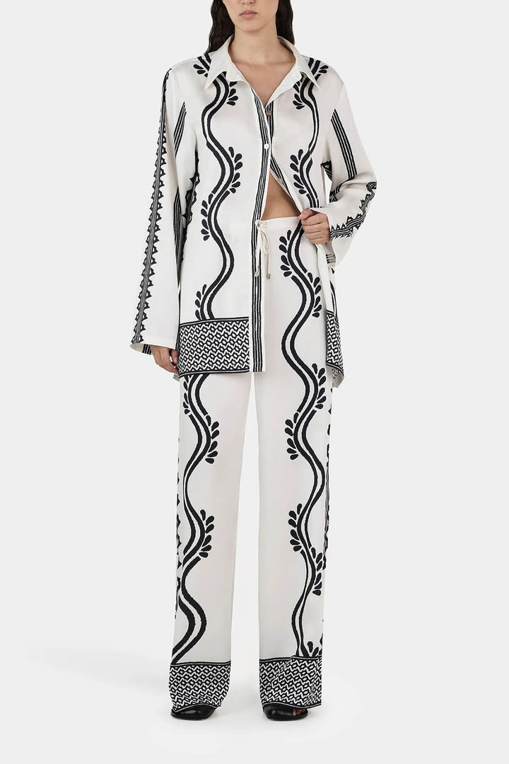 Retro Geometric Wave Print Elastic Drawstring Straight Leg Trousers