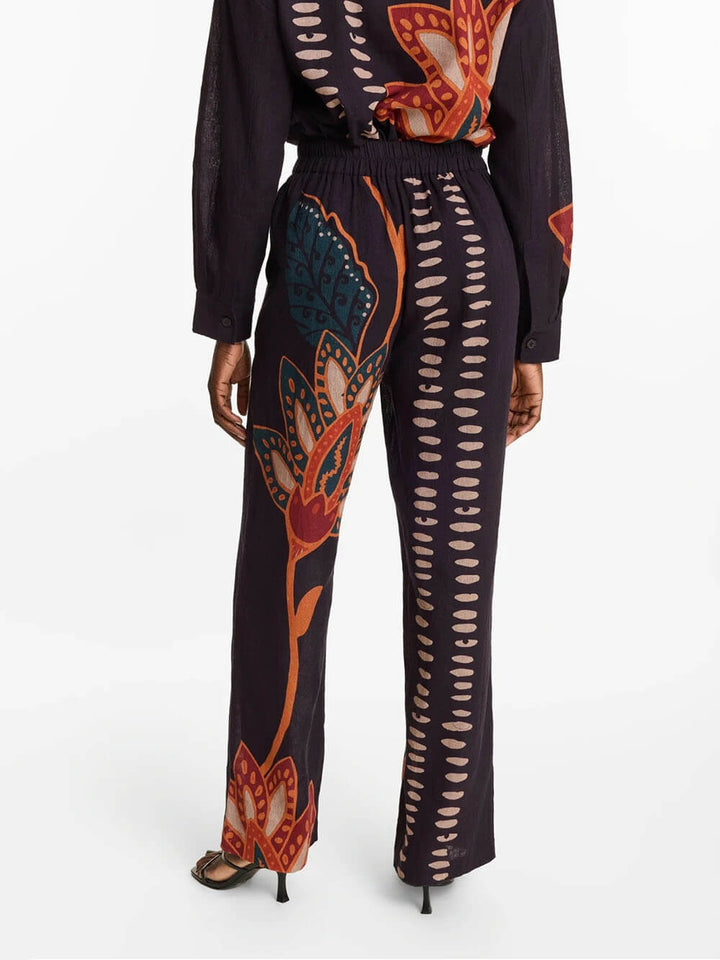 Exquisite Floral Print Linen Elastic Waist Loose Pocket Trousers
