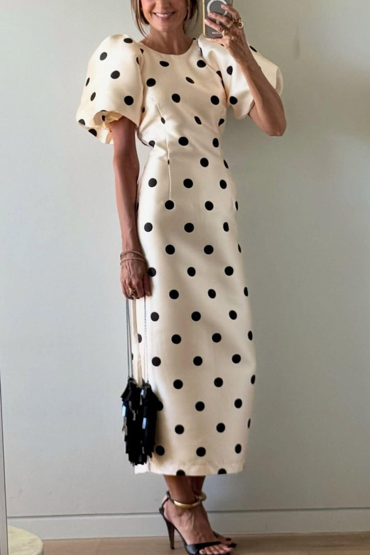 Delicate Polka Dot Print Puff Sleeve Waist-Defined Maxi Dress