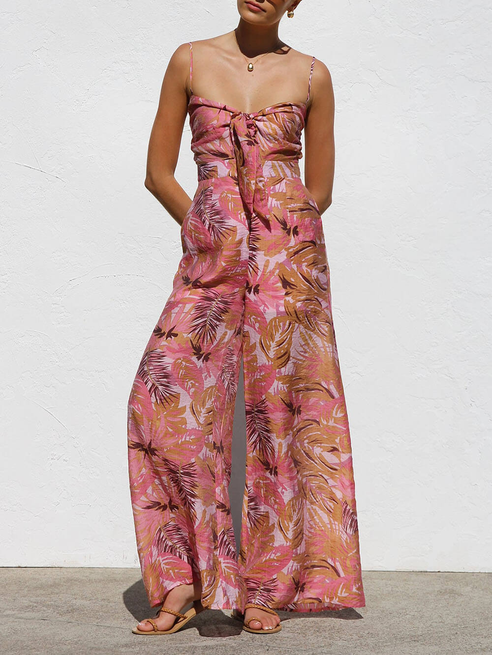 Delicate Botanical Print Strappy Resort Style Wide-leg Pants Jumpsuit