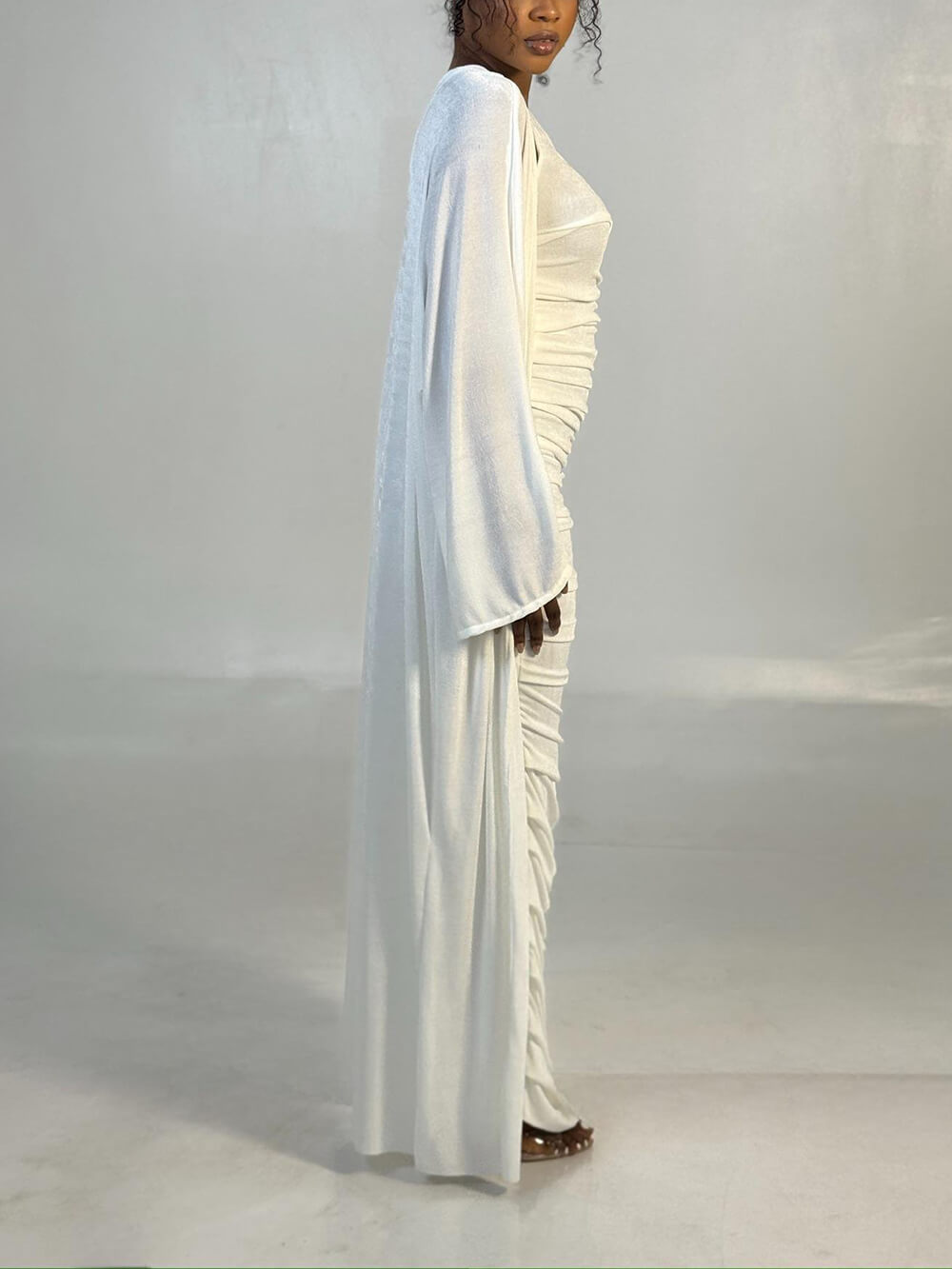 Elegant One-Shoulder Ruched White Maxi Dress with Long-Sleeve Cardigan Set