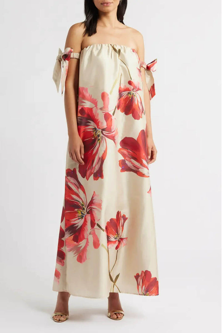 Delicate Floral Print Bow Off the Shoulder Maxi Dress
