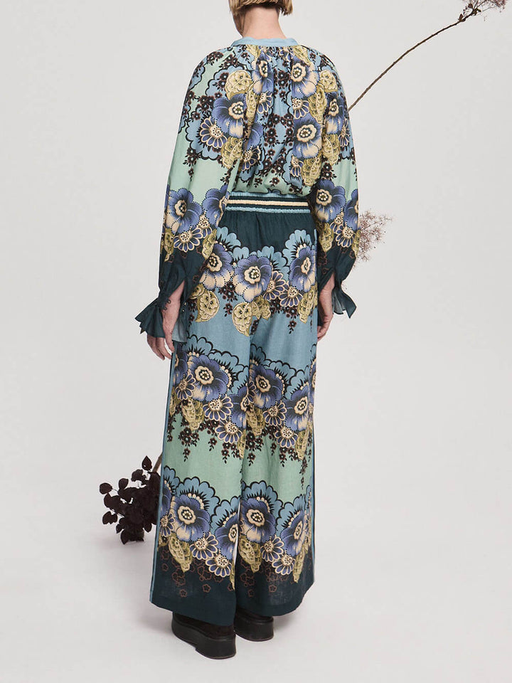 Classic Unique Floral Print Colorblocked Lace-Up Pockets Elastic Waist Wide-Leg Pants