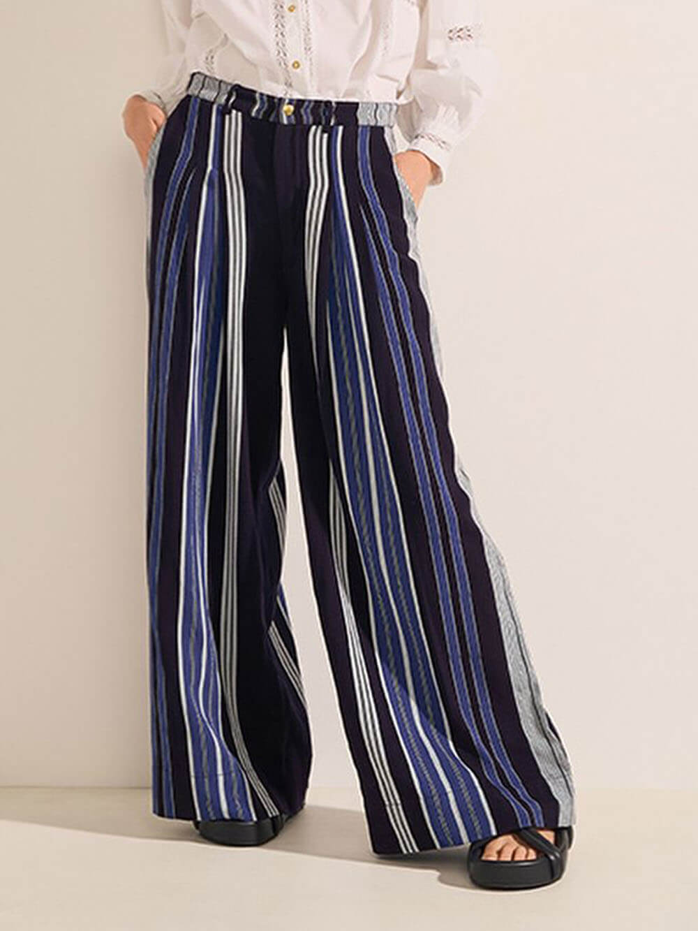 Retro Unique Striped Patchwork Print Elastic Pocket Loose Wide-Leg Pants