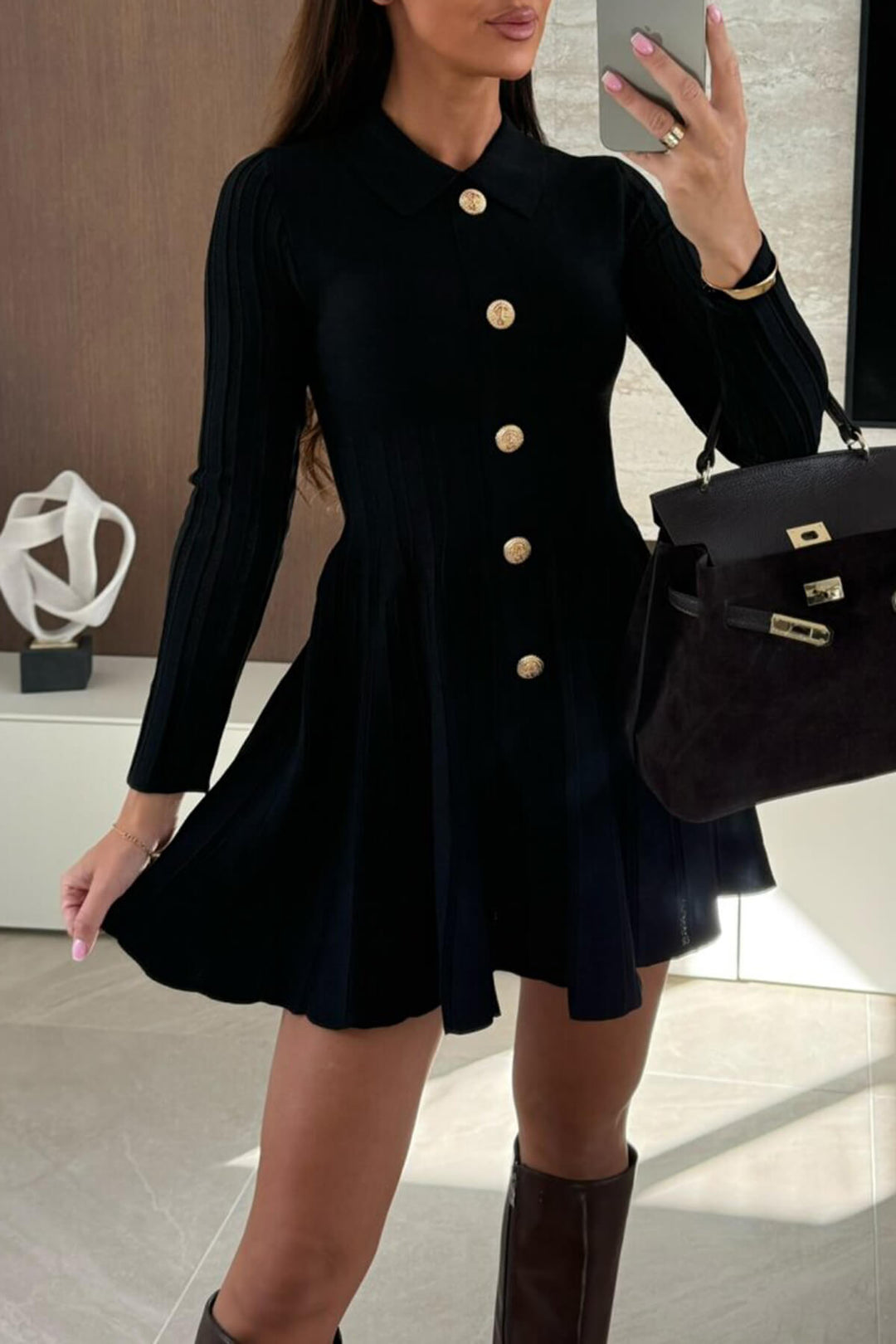 Elegant A-Line Ribbed Pleated Mini Dress