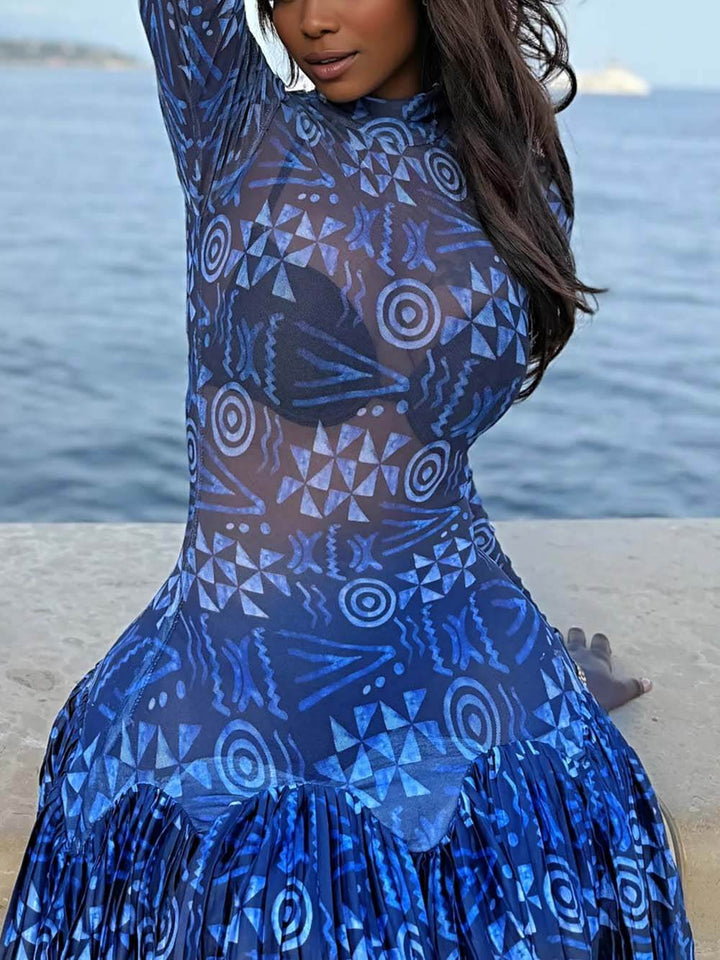 Unique Mesh Ruched Panel Print Stretch Maxi Dress